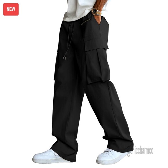 Men's Cargo Pants with Elastic Waist Multiple Pockets Straight Leg Fit